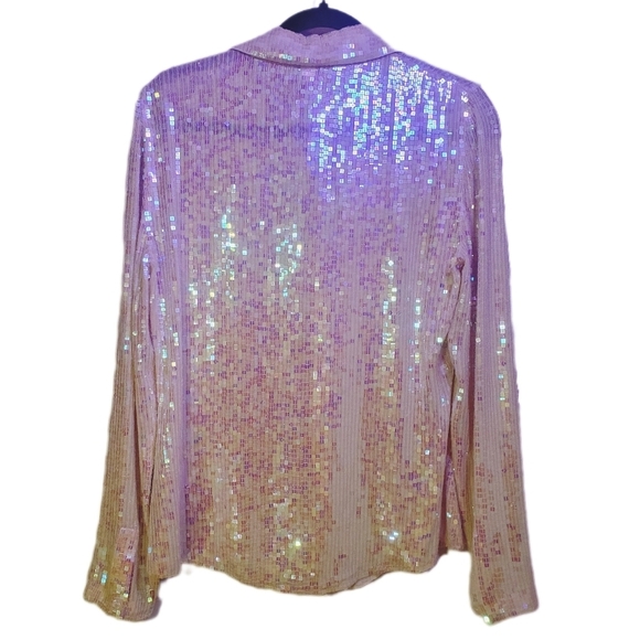 100% SILK SQUARE SEQUIN IRIDESCENT BLOUSE Button Down with Shirt Collar Medium - Picture 7 of 13
